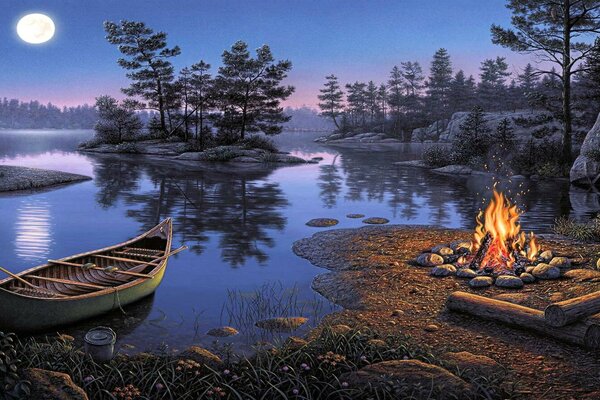 Night. A bonfire is burning. The reflection of the forest in the lake is beautiful