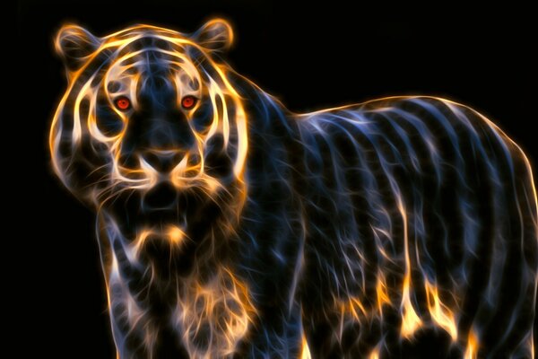 Imagen luminosa de un tigre sobre un fondo negro