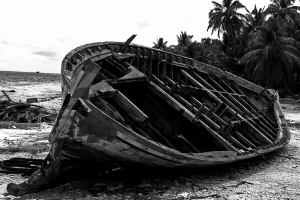 Un bateau détruit jeté à terre