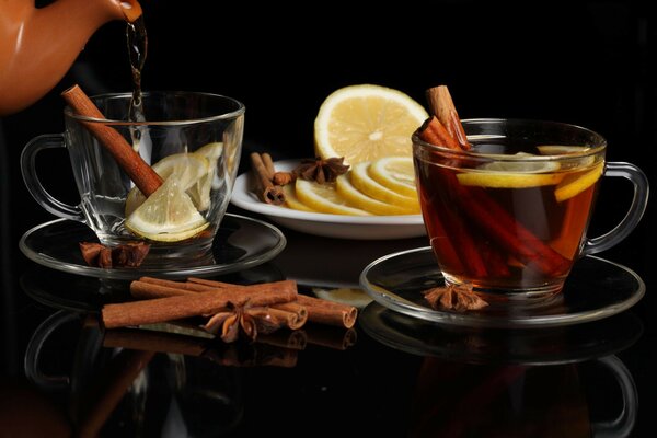 Fragrant tea with cinnamon and lemon slices