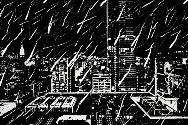 Drawing of the city in black and white technique