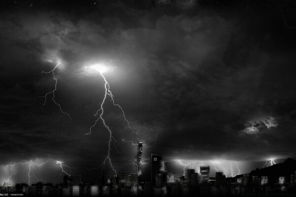 Storm and lightning over a de-energized city