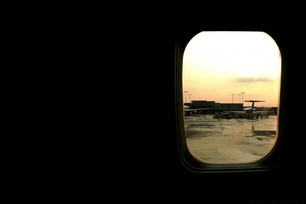 View from the plane window at the airport