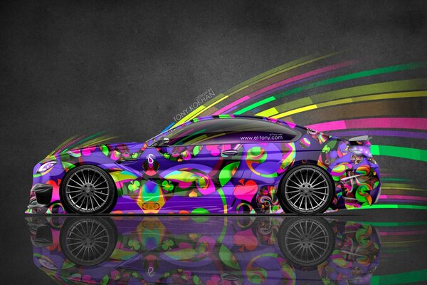 Rainbow car with black wheels