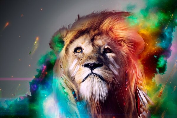 Retrato de un León multicolor con una melena sobre un fondo gris