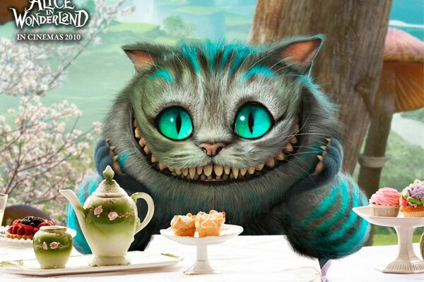 Gato de Cheshire convida para tomar chá