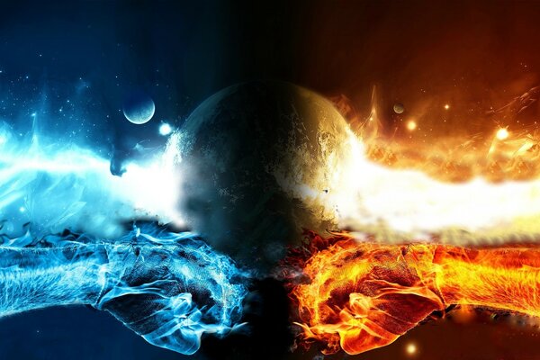 Creative drawing of our universe. Ice and flame