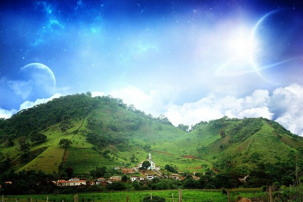 Landscape of mountains against the background of nature. Unknown Galaxy