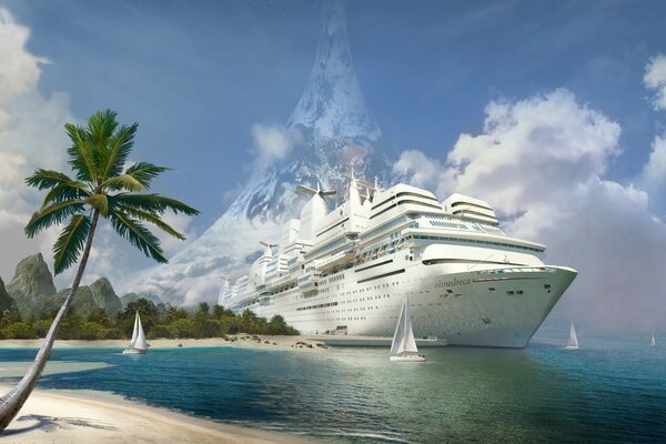 The liner approaches the shores of the island. Palm trees and the sea