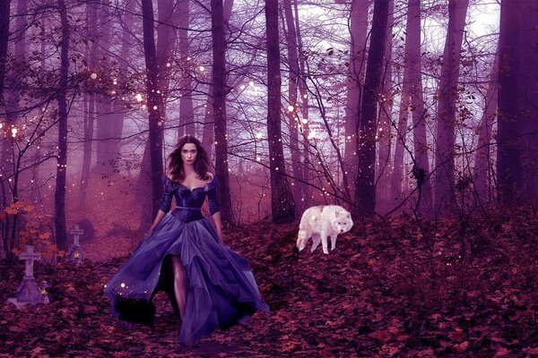 Fantasy. Forest. Purple mist and the girl