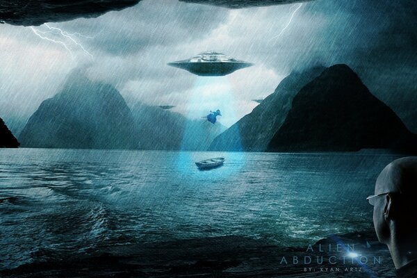 Flying saucer over the sea in a storm