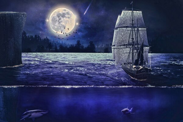 Sailboat at night view of the moon