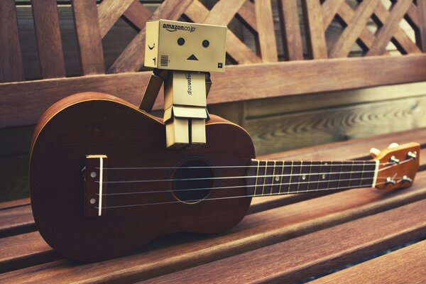 Chitarra a quattro corde su un banco di legno