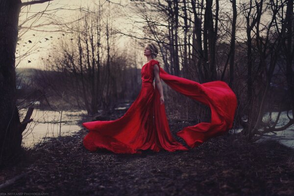 A girl in a red dress against the background of a forest in late autumn