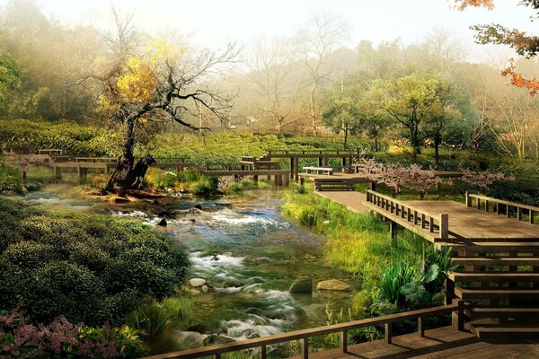 Jardín japonés después de la floración de Sakura