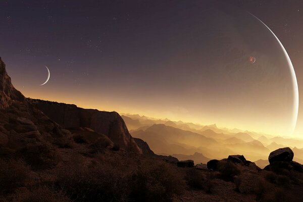 Paisaje de montaña en el fondo de la puesta de sol