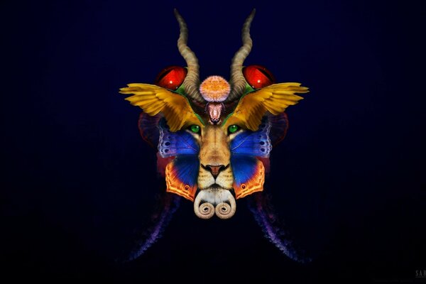 A predatory lion in a butterfly mask