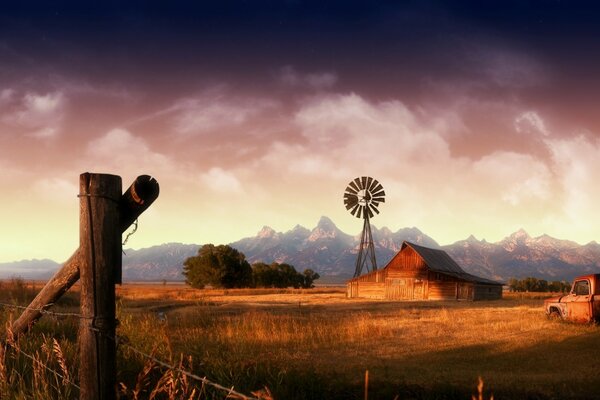 Landscape of an American village at sunset