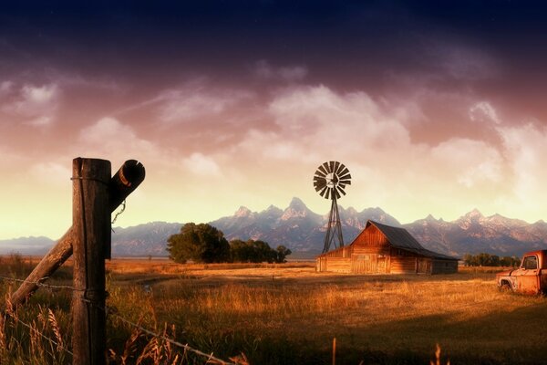 Paisagem de uma aldeia americana ao pôr do sol