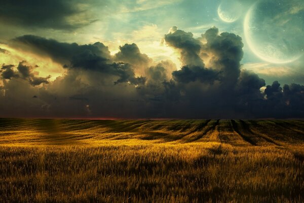 Champ par temps nuageux. Les rayons du soleil éclairent le champ à travers les nuages d orage