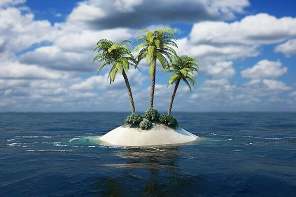 An island with palm trees surrounded by the ocean