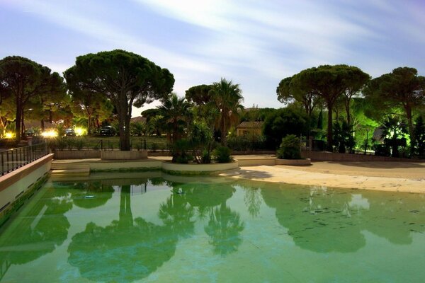 Landscape of a tropical park with a green pool