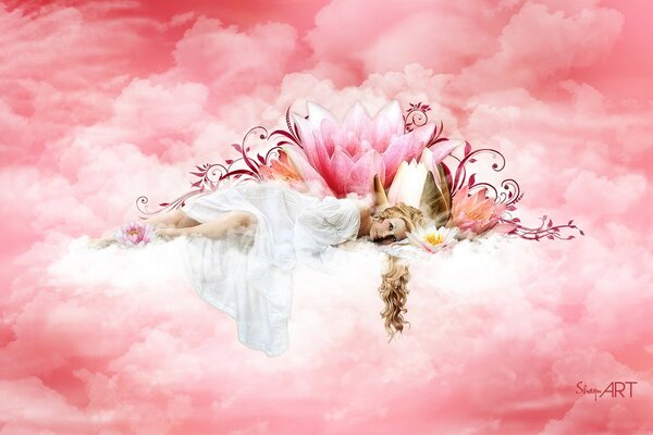 Beautiful girl on pink clouds