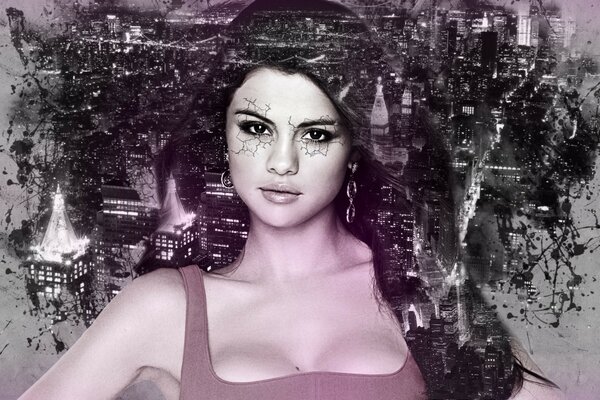 Selena Gomez en el fondo de la ciudad