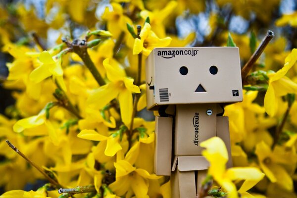 Uomo di cartone su uno sfondo di fiori gialli