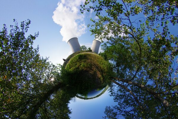 Árboles y chimeneas contra el cielo