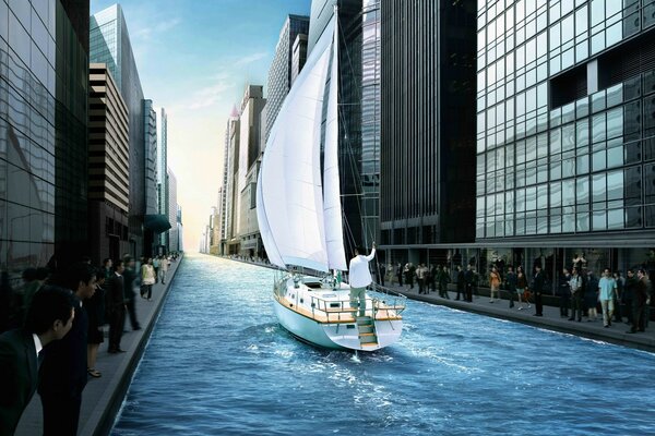 A river with a sailboat instead of a stream of cars