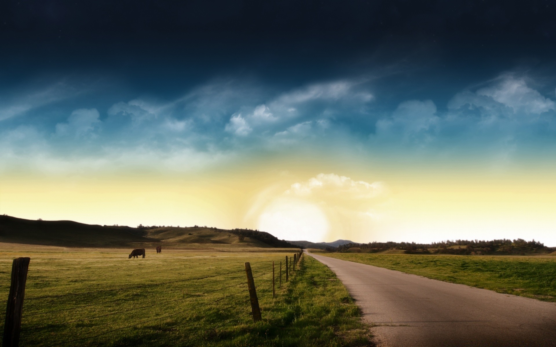 kreativ landschaft himmel sonnenuntergang gras dämmerung sturm landschaft natur im freien regen sonne nebel straße des ländlichen abends bauernhof baum feld reisen