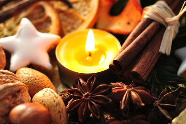 Fragrant cinnamon, star anise and wood in a candle flame