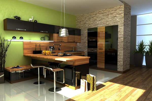 Interior of a modern kitchen with bar stools