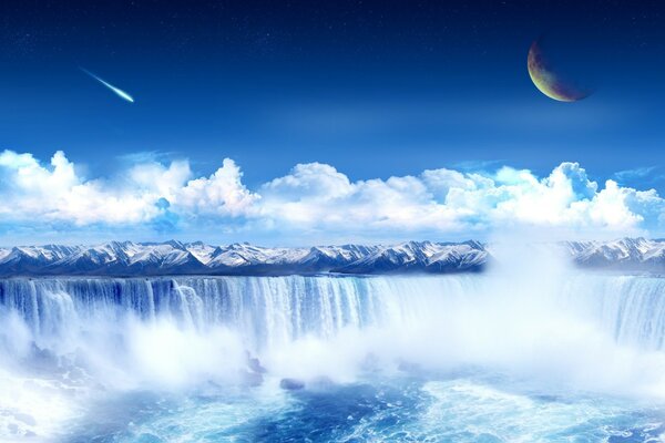 Cosmic landscape of waterfalls and mountains