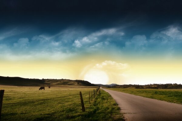 Der Weg führt in den Sonnenuntergang, um die Wiese herum