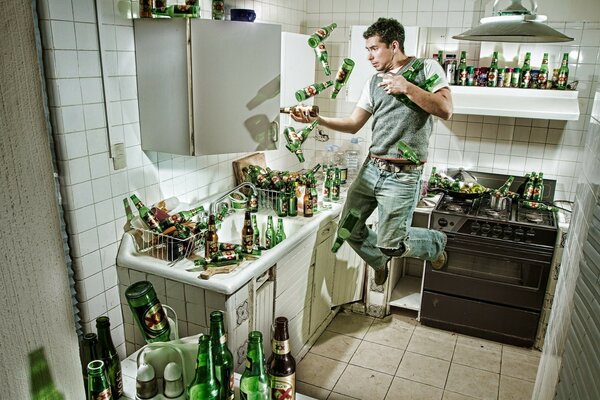 A young man drinks alcohol