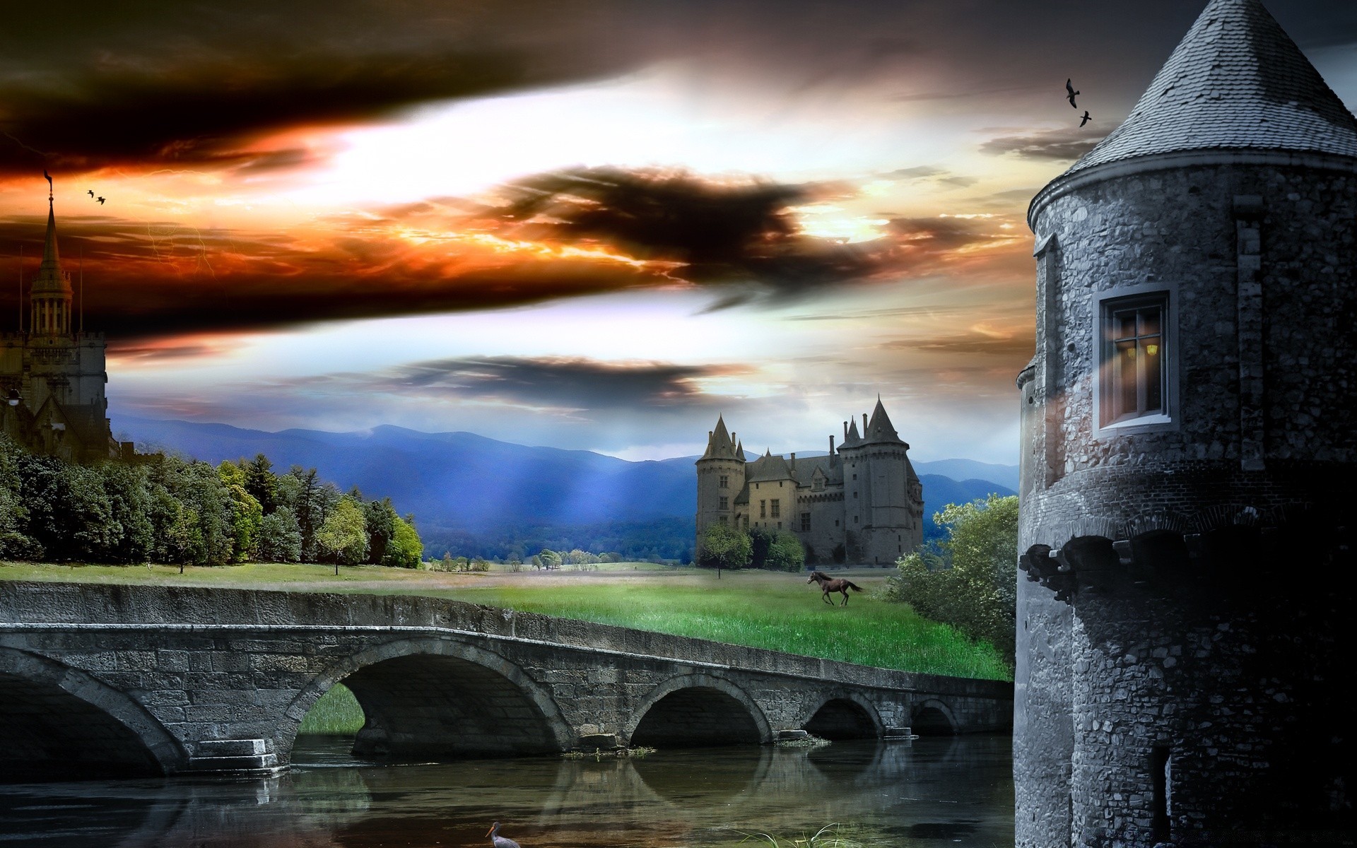 creative architecture castle travel water outdoors bridge sky gothic tower river sunset building city old