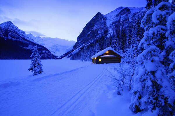 Foresta invernale con casa e vista sulle montagne