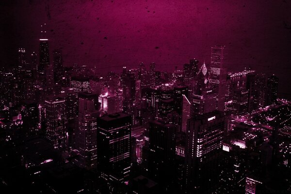 Night city in a pink glow