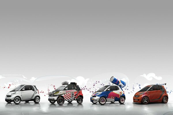 Four painted little cars