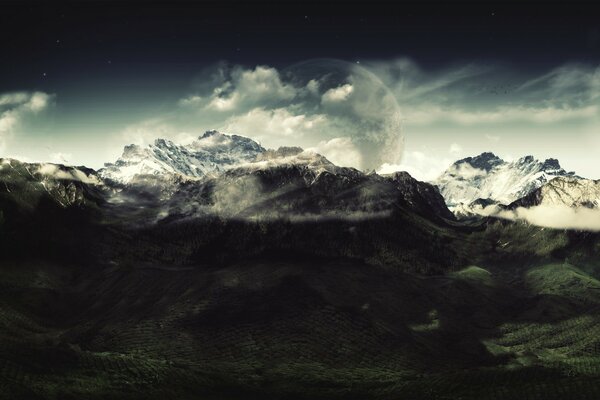 3-d graphics of snowy mountain peaks