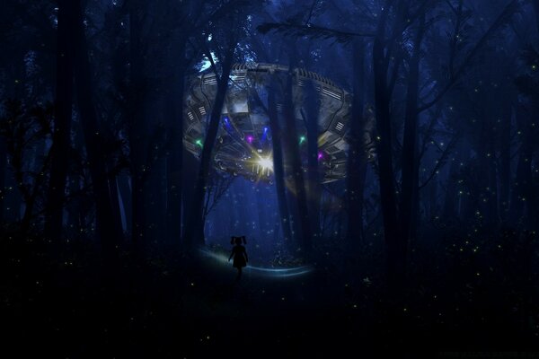 A girl in a dark forest meets a UFO