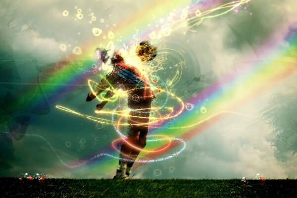 A football player boy plays football beautifully against the sky