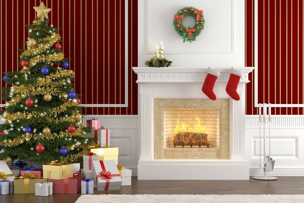 Beautiful fireplace and Christmas tree design