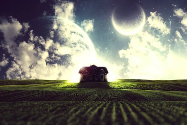 A house in a field against the background of planets