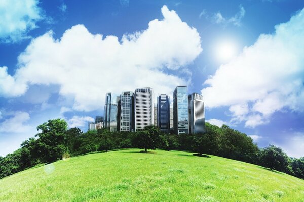 A city surrounded by greenery