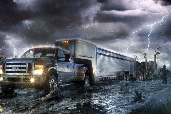 A car with a trailer during a storm