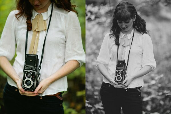 A woman with a camera in color and black-and-white photos