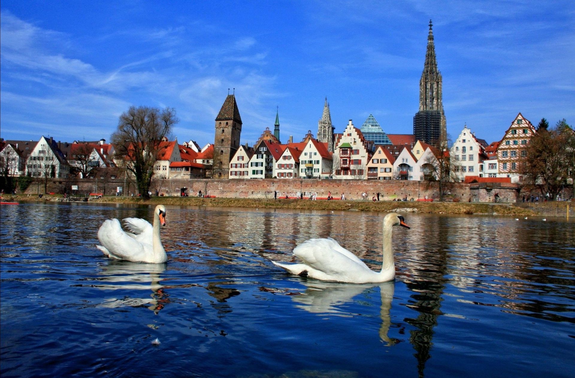 city water travel architecture river reflection lake church sky building tourism swan